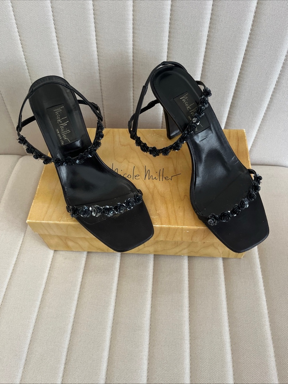 Nicole Miller Black Floral Embellished Square-Toe Heels